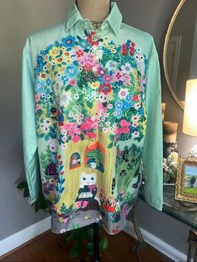 Charming Boutique Green Floral Storybook Button-Half Down Blouse 💚 NWOT size M